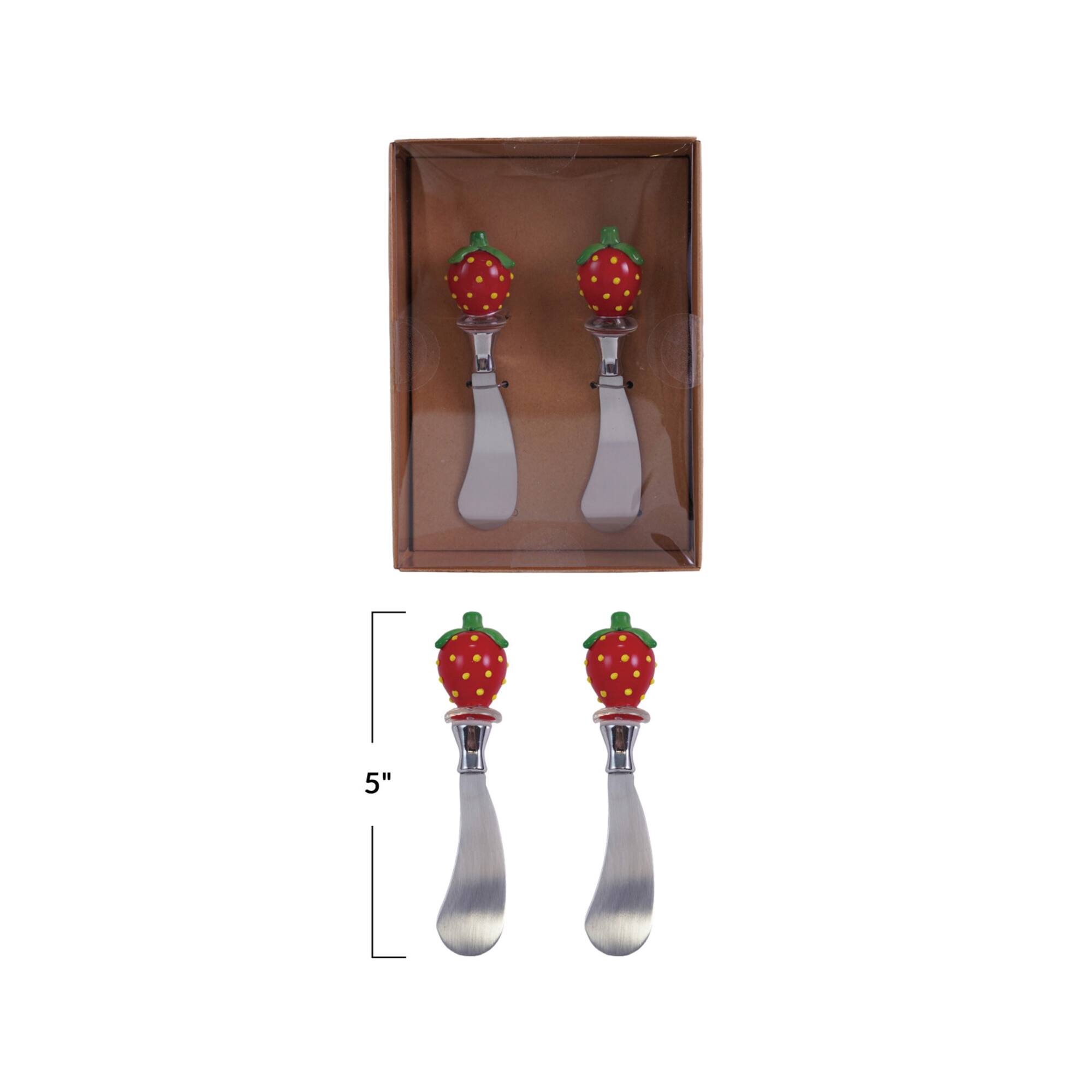 Hello Honey 2-Piece Stainless Steel Canape Knives with Glass Strawberry Shaped Handles, Red and Green